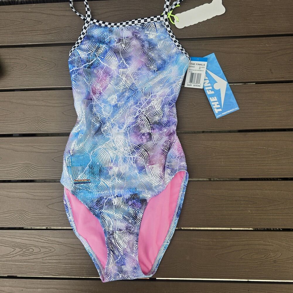 The Finals Womens Snow Glow Foil Flutterback Swimsuit Blue Sz 30 New